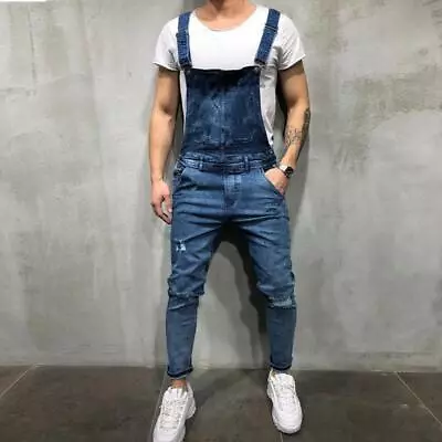 Mens Suspender Trousers Denim Rompers Male Ripped Jeans Shorts Stretch Pants • $37.63