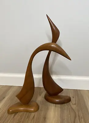 MCM Teak Set Of 2 Carved Bird Sculpture Mid Century Abstract Vintage 17  & 12.5  • $71.99