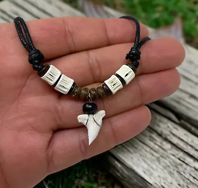 Real Tiger Fósil Shark Tooth Pendant Surfer Necklace For Men | Wood Beads • $15.95
