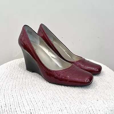 ME TOO Women's 9.5 Pam Patent Leather Square Toe Wedge Heels Cherry Red • $19.99