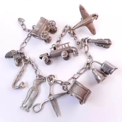 Vtg 1950s Sterling Silver Charm Bracelet Articulated Plane Bus Wagon Scissors • $10.50