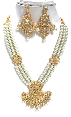 $36.80 • Buy Indian Kundan Jewelry Gold Plated Long Yellow Pearl Necklace Set Polki Earrings