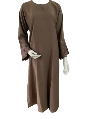 Ladies A-Line Lace Diamante Cuffed Nida Abaya/Jilbab/Maxi Almond 52545658 • £27