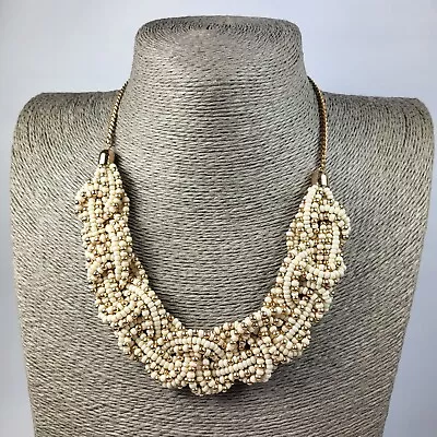 ACCESSORIZE Statement Necklace Cream Gold Plaited Glass Seed Beads Jewellery  • £8.95