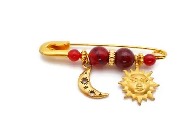 Vintage Brooch Pin Gold Tone Sun Moon Stars Beaded Safety Pin • $13.49