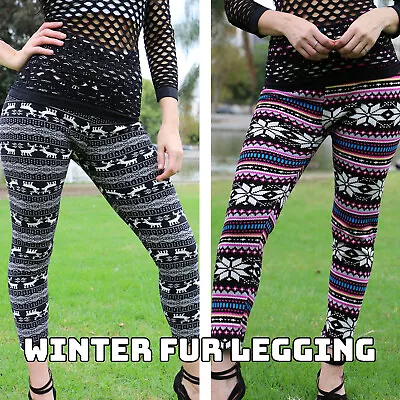 Flees Lined Leggings Winter Tribal Print Thick Fleece Stretch Pants -One Size TD • $15.27