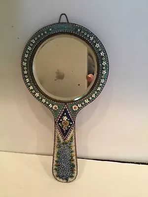 Antique MICRO MOSAIC Italy High Relief FLORAL Hand Mirror 10” Beautiful • $224.99