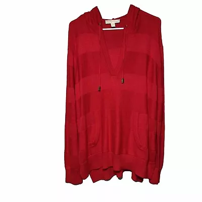 MICHAEL KORS Women's Red Sweater Hooded Sz XL V-neck Pullover Pockets Side Slit • $19.99