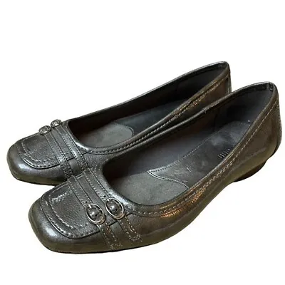 Kate Ann Shiny Gray Square Toe Ballet Flats With Double Buckle Feature Size 6.5 • $15