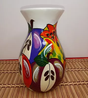 Pottery Vase Mexican Folk Art W/ Fruit Glazed Glossy 7.5  Beautiful • $14.99