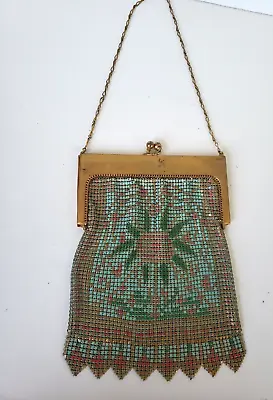 Antique Whiting Davis Art Deco Mesh Purse Bag Blue Green Floral Flapper • $155