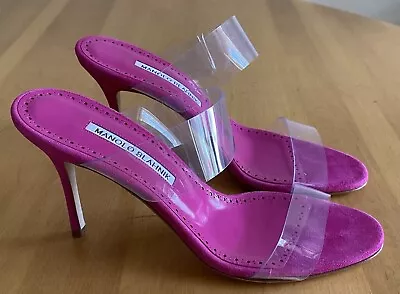 Manolo Blahnik Scolto Pink 90 PVC Mules Slides Sandals 37.5 NEW $745 • $395