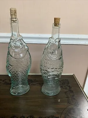 Two Glass Fish Shaped Italian Wine Bottle Green Decanter 13  Tall Vintage • $29.95