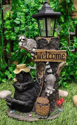 Ebros Napping Bear With Raccoon Friends Solar Lamp Statue 18.5 H Home Decor • $79.99