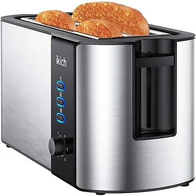 IKICH 4 Slices Extra Long Slot Toaster W/ Reheat Warming Rack 6 Browning Control • $32