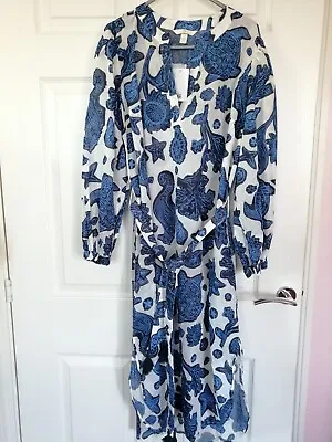 H&m Tie Belt Cotton Lightweight Shirt Dress Size S 10 12 Blue • £14.99