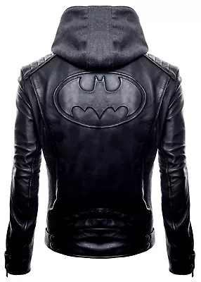 Men's Real Leather Brando Hoodie Motorcycle BATMAN Logo Biker Detach Hood UK • $64.31