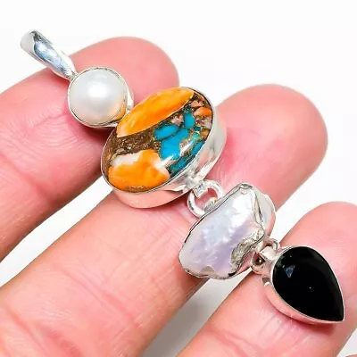 Spiny Oyster Turquoise Onyx & Pearl Gemstone Handmade Silver Pendant 2.3  • $37.60