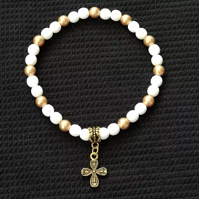 White And Gold Beaded Cross Mens And Womens Bracelet • $24
