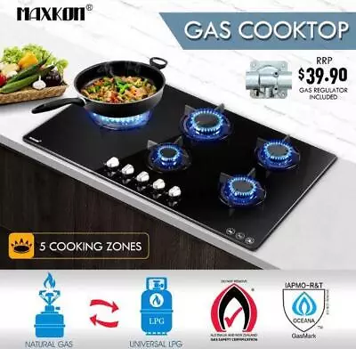 $279.90 • Buy Maxkon 5 Burner Gas Cooktop 90cm Stove Hob Cooker Top Knobs NG LPG Glass Surface