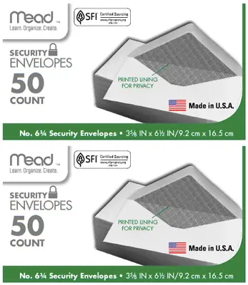 2-PK MEAD SECURITY ENVELOPES #6 6-3/4 X 3-5/8 X 6-1/2 In 100-CT SAME-DAY SHIP • $7.99