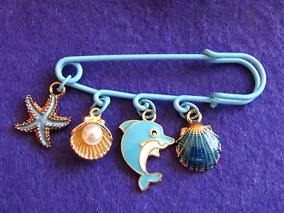 Blue Safetypin/kilt Brooch With 4 X Sealife Theme Enamel Charms- New • £2.99