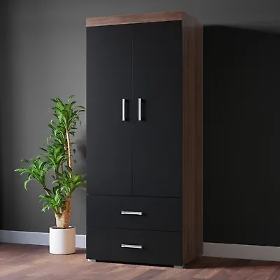 2 Door 2 Drawer Wardrobe In Black & Walnut Effect Bedroom Furniture Storage Rail • £124.95