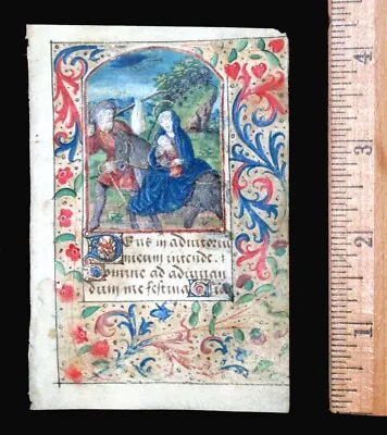 C. 1500 MEDIEVAL BOOK OF HOURS LEAF FRANCE - ILLUMINATED MINIATURE FLIGHT • $2100