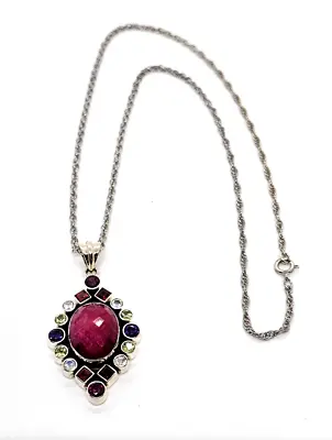 Nicky Butler Sterling Silver Raw Ruby & Multi-Gemstone Pendant 18  Chain Signed • $75
