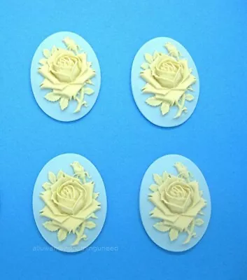 4 IVORY Color Rose On SKY BLUE Flower CAMEOS 40mm X 30mm Costume Jewelry CAMEOS • $4.59