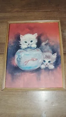 Vintage Florence Kroger Metal Framed Print Kittens Gold Fish Bowl Picture 14x11 • $17.20