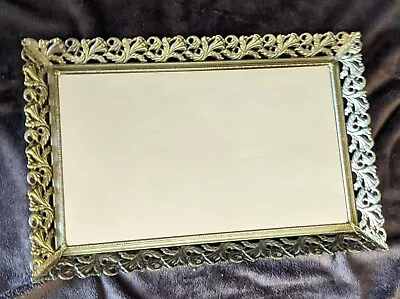 Vintage Rectangle Footed Vanity Mirror Tray Filigree Floral Gold Tone • $18.90