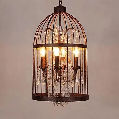 Industrial Vintage Lighting Crystal Chandelier 4 Lights Rust Metal Birdcage Lamp • $115.99