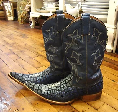 Vintage Blue & Black Long Toe Stingray & Leather Western Boots/Men's 9.5(?) • $175