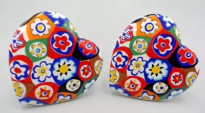 Large Ceramic Heart Earrings Millefiori Boho Valentine Flower Power Folk Art • $15