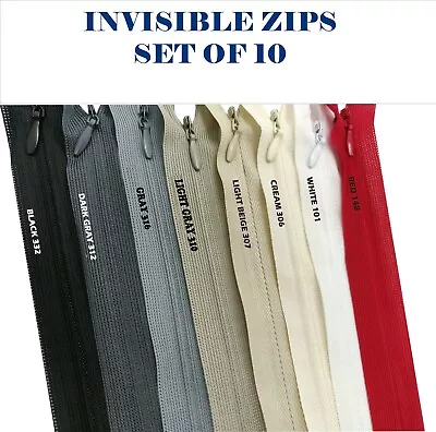 £9.85 • Buy SET OF 10 INVISIBLE Zips Size #3 Close End Skirt Trouser Lightweight Fasteners