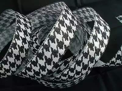 1.5  Wired Ribbon Houndstooth White Poly Satin Black Glitter Pattern 5 Yards • $6.50