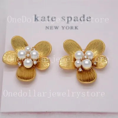 Kate Spade Women Jewelry Gold Tone Flower Stud Earrings Pearl CZ Cut Crystals • $14.99