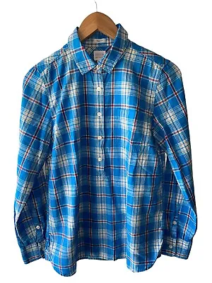 J Crew Perfect Fit Size M Women's Pullover Blue Plaid Half Button Shirt • $28.87