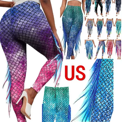 US Women Mermaid 3D Fish Tail Printed High Waisted Tights Pants Cosplay Costume • $17.01