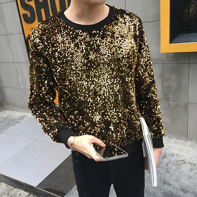 Mens Glitter Sequin Pullover Sweatshirt Round Neck Long Sleeve Show Dance Tops • $36.95