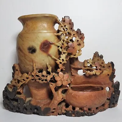 Vintage Carved Soapstone Double Vase Bird & Flowers DAMAGED 7 1/4  Tall • $30