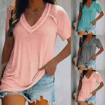 £9.09 • Buy Womens V Neck T-Shirt Tops Ladies Short Sleeve Plain Casual Loose Tee Blouse
