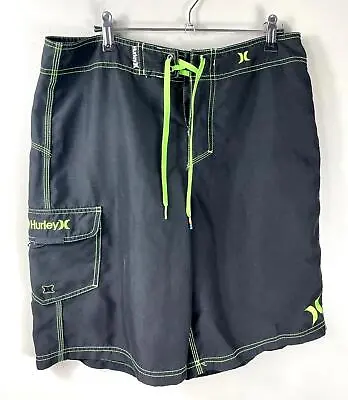Hurley Board Shorts Men's 32 Black W/ Lime Green Trim 10  Inseam • $6.87