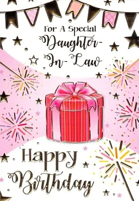 Daughter In Law - Birthday - Gold / Pink Present - Greeting Card • £2.29