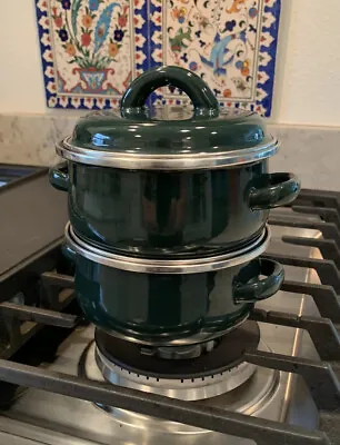 2 Vintage MEGAWARE 0.5 QT. Cooking Pots Dutch Ovens Dark Green Black ENAMELWARE • $38