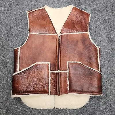 VTG Sheepskin Shearling Vest Mens Medium 42  Brown Leather Wool Western Sherpa • $74.97