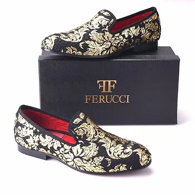 Men FERUCCI Black Slippers Loafers Flat With Gold Printing Wedding Prom • $149.99