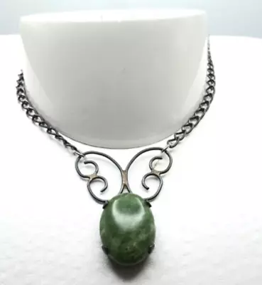 Vintage Green Stone Butterfly Fashion Pendant Necklace 18 Inch • $14.99