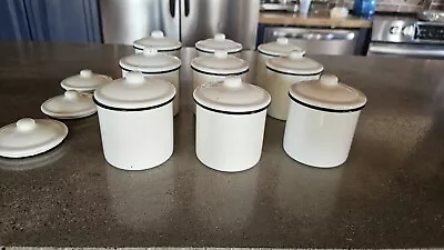 Lot Of 9 Small White Enamel Pots With Lids 3 Inch X 3 Inch • $9.99